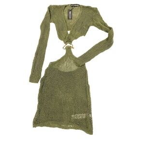 Khaki Crochet Gold Trim Cut Out Beach Dress US 2